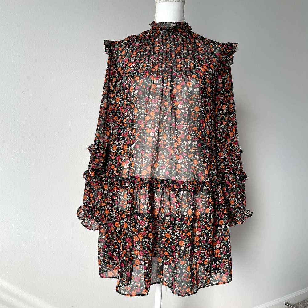 Topshop Floral Chiffon Mini Dress 6 High Neck Ruffle Pleated Black Orange US 6